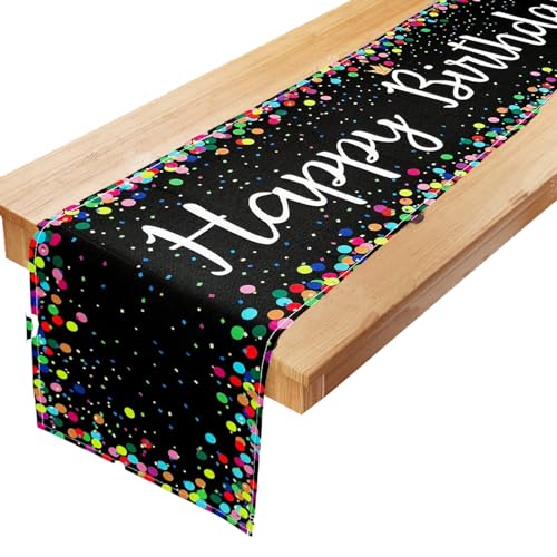 YOUWOSHE Tischläufer Geburtstag, 183x33 cm Schwarz Leinen Tischdecke Geburtstag, Tischdecke Kindergeburtstag, Gute Zum Geburtstag Feier Tischdecke für Junge Mädchen Geburtstagsparty Deko von YOUWOSHE