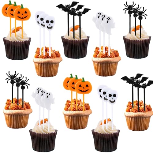 100 Stück Halloween Cupcake Topper, 5 Stile, Kuchendeko Fruit Picks, Lustige Halloween Cake Topper Fledermaus Geist Kürbis Spinne für Halloween Party Kuchen Essen Käseplatte Vorspeisen Dekor von YOUYIKE