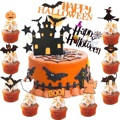 25 Stück Halloween Cupcake Topper, 12 Stile, Kuchendeko Fruit Picks, Halloween Cake Topper Fledermaus Geist Kürbis Spinne Schloss Hexe für Halloween Party Kuchen Essen Käseplatte Vorspeisen Dekor von YOUYIKE