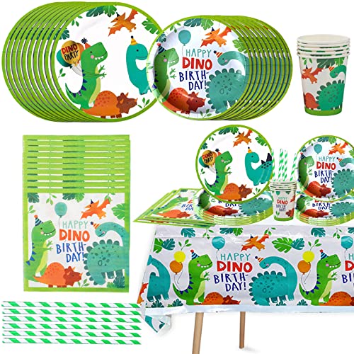 Dinosaurier Party Geschirr Set, 61 Stück Dinosaurier Deko Geburtstag Set, Dinosaurier Pappteller Becher Servietten Tischdecke für Kindergeburtstag, dino Party Deko, Serviert 10 Gäste von YOUYIKE