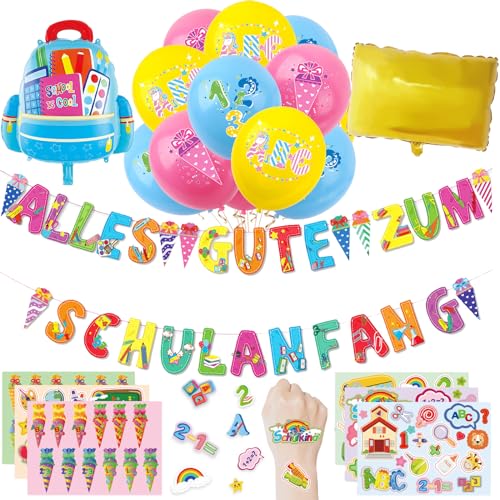 Einschulung Schuleinführung Schulanfang Deko Set, Alles Gute zum Schulanfang Girlande, Schulanfang Folienballon, Schulkind Luftballons, Sticker Schulanfang, Schulanfang Deko Set für Jungen Mädchen von YOUYIKE