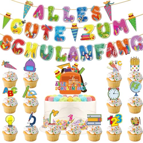 17 Stück Einschulung Tortendeko, Schuleinführung Deko Cupcake Topper, Tortendeko Einschulung, Alles Gute zum Schulanfang Girlande, Junge und Mädchen Schulanfang FParty Dekoration von YOUYIKE