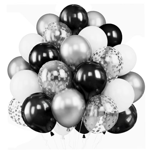 YOUYIKE 60 Stück Schwarz Weiß Silber Luftballons, 12 Zoll Latex Luftballons, Metallic Helium Ballons, für Kinder und Erwachsene Geburtstag, Party, Graduierung, Ostern Weihnachten Party Deko von YOUYIKE