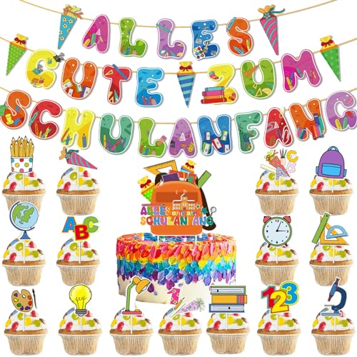 YOUYIKE Girlande Schulanfang, Einschulung deko, Tortendeko Einschulung, 3M Schulstart Deko Banner, Schulanfang Cupcake Topper, Schulanfang Deko für Junge Mädchen 1. Schultag Schulanfang Party Deko von YOUYIKE