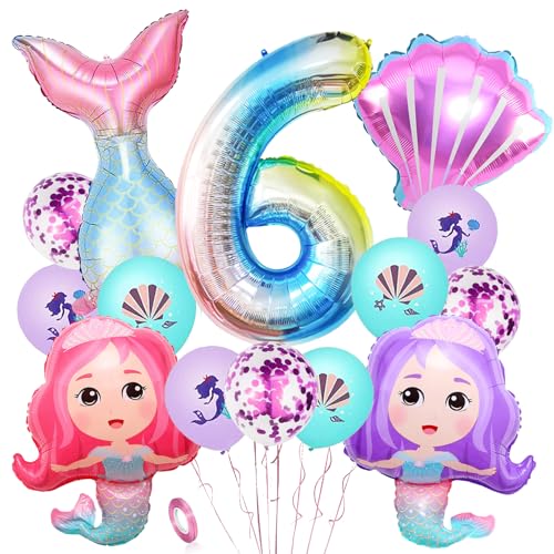 YOUYIKE 6. Geburtstag Mädchen Meerjungfrau Deko, 16 Stk Meerjungfrau Deko Kindergeburtstag 6 Jahre, XXL Folienballon Mermaid für Mädchen Geburtstag Meerjungfrau Ozean Mottoparty Deko von YOUYIKE