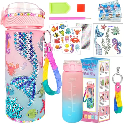 YOUYIKE Mädchen DIY Trinkflasche, DIY 600 ML Wasserflasche Basteln Diamond Painting, Glitzer Aufkleber Spielzeug Bastelset, für Meerjungfrau Trinkflasche Geschenke für Mädchen 5 6 7 8 9 10 Jahre von YOUYIKE