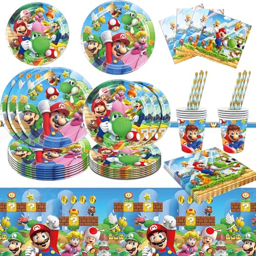 YOUYIKE Mario Partygeschirr Set, 61 Stück Kindergeburtstag Party Geschirr Kit, Mario Geburtstag Deko Geschirr, Mario Tableware für Jungen Mit Teller, Becher, Tischdecke, Servietten, Strohhalme von YOUYIKE