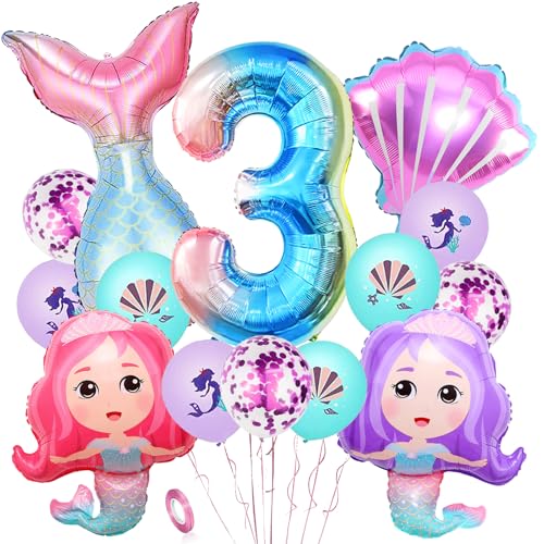 YOUYIKE 3. Geburtstag Mädchen Meerjungfrau Deko, 16 Stk Meerjungfrau Deko Kindergeburtstag 3 Jahre, XXL Folienballon Mermaid für Mädchen Geburtstag Meerjungfrau Ozean Mottoparty Deko von YOUYIKE