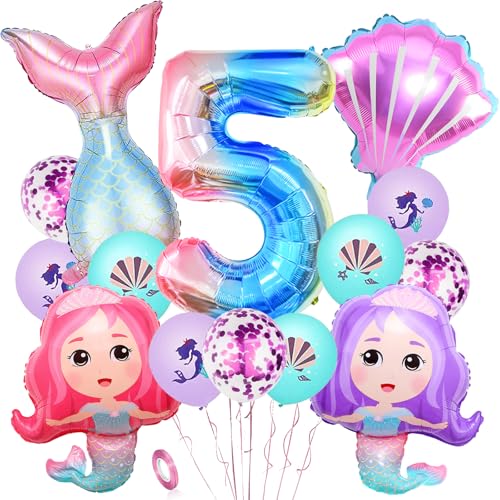 YOUYIKE 5. Geburtstag Mädchen Meerjungfrau Deko, 16 Stk Meerjungfrau Deko Kindergeburtstag 5 Jahre, XXL Folienballon Mermaid für Mädchen Geburtstag Meerjungfrau Ozean Mottoparty Deko von YOUYIKE