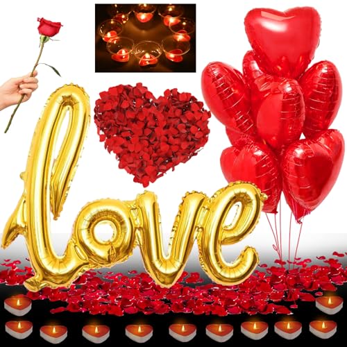 YOUYIKE Romantisch Deko Set, 1000 Rosenblätter Rosen, 50 Rot Teelichter Herzform,10 Herzförmige Folienballons und LOVE Folienballons für Verlobung Geburtstag Jahrestag Brautdusche (Gold) von YOUYIKE