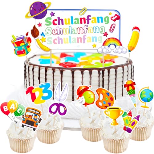 YOUYIKE Schulanfang Cupcake Toppers, 15 Pcs Einschulung Tortendeko, Cupcake Toppers Mit ABC 123 Zuckertüte, Schulanfang Tortendeko, Für Mädchen Junge 1. Schultag Schulanfang Caketopper von YOUYIKE