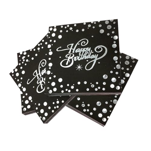 YOYEAH 40 Stück Servietten Schwarz mit Silber für Tischdeko - Happy Birthday Geburtstagsservietten, Schwarze Deko Geburtstag, Lustige Servietten für Mädchen und Jungen（silbrig） von YOYEAH