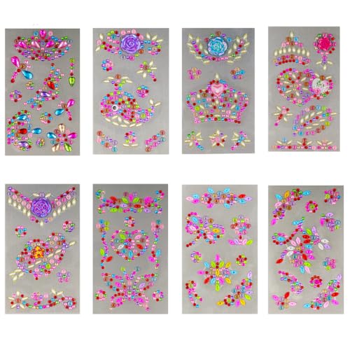 YOYEAH Glitzersteine selbstklebend 8 Blätter - Strasssteine bunt & vielfältig - Sticker Set Mädchen zum Basteln - Ornamente zum Aufkleben - Glitzer Sticker für Textilien & mehr! von YOYEAH