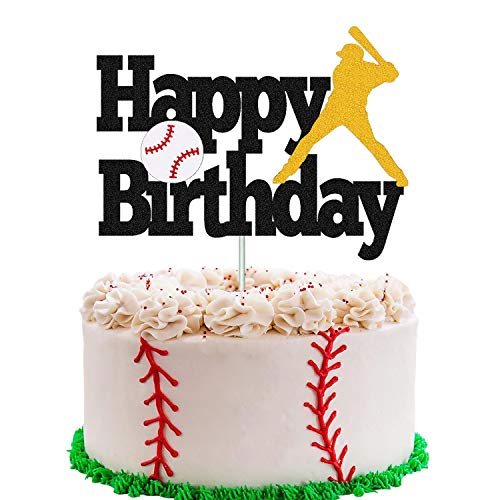 Baseball Kuchen Topper Happy Birthday Schild Baseball Softball Spieler Kuchen Dekorationen für Sport Thema Mann Junge Mädchen Geburtstag Party Supplies Doppelseitig Schwarz Glitzer Dekor von YOYMARR