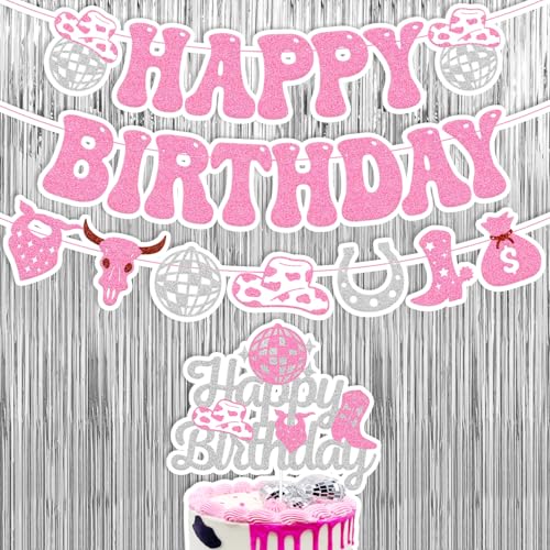 Cowgirl Geburtstag Dekoration Kit Disco Cowgirl Happy Birthday Banner Western Cowgirl Cake Topper Silberfolie Vorhänge Mexikanisches Cowgirl Thema für Frauen Mädchen Geburtstag Party Supplies von YOYMARR