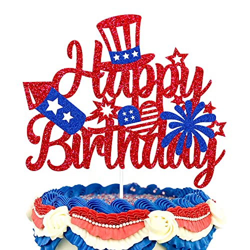 Unabhängigkeitstag Geburtstag Kuchen Topper Unabhängigkeit Tag Kuchen Dekoration 4. Juli Patriotisches Thema Happy Birthday Kuchen Dekor für Unabhängigkeit Tag Geburtstag Party Feier Glitzer Blau Rot Zubehör von YOYMARR