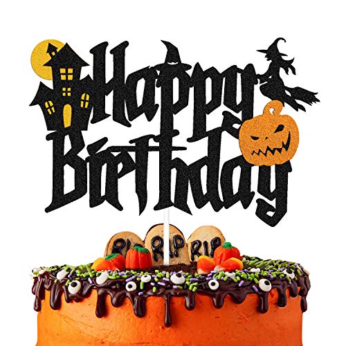 YOYMARR Halloween-Kuchenaufsatz "Happy Birthday" Schild Kuchendekorationen für Halloween Zauberer Geist Kürbis Themed Geburtstag Party Supplies Schwarz Sparkle Decor von YOYMARR