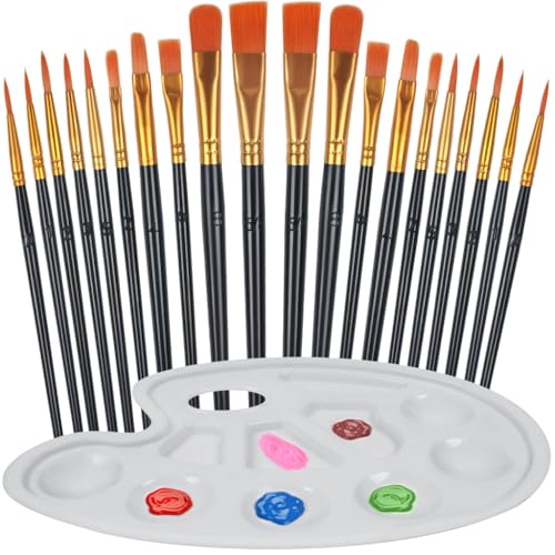 YOYUSH Pinsel-Set, Nylon-Haarpinsel mit 1 Palette, Künstlerpinsel für Acrylmalerei, Ölmalerei, Aquarellmalerei, Gouache-Malerei, Gesichtsbemalung, Schwarz, 20 Stück von YOYUSH