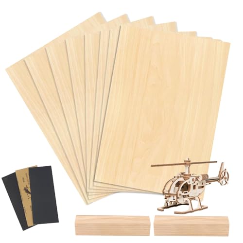 YPLonon 8 Stück Balsaholz Platten Set 300 x 200 x 2 mm Sperrholz inkl. 3 Schleifpapier & 2 Holzblöcke – Bastelholz für Modellbau, Lasergravur, DIY-Handwerk, Miniaturen, Flugzeug & Architekturmodelle von YPLonon