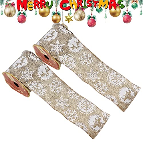 YPLonon Weihnachtsbänder 2 Rollen Verdrahtet Band Weihnachtsdeko 6,3 × 6 Yards Weihnachtsband Geschenkband Juteband für Weihnachten Dekoration DIY Basteln Geschenk Verpackung von YPLonon