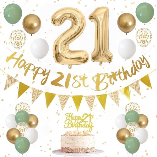 21. Geburtstag Dekorationen für Sie und Ihn, Salbeigrün Weiß Gold Geburtstag Luftballons Happy 21st Birthday Banner Geburtstag Kuchen Topper Nummer 21 Folienballon für Männer Frauen 21 Jahre alt Party von YQ-BEST