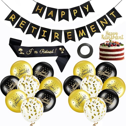 22-teiliges Partydekorationsset für den Ruhestand, Schwarz / Gold, Happy Retirement Banner I'm Retired Schärpe Ruhestand Luftballons Ruhestand Kuchen Topper Ruhestand Banner für Männer Frauen von YQ-BEST