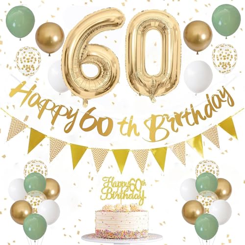 60 Geburtstag Dekorationen, Salbeigrün Geburtstagsdeko Set mit Happy 60 Birthday Banner 60 Geburtstag Tortendeko Zahl 60 Ballon für Männer Frauen 60 Jahre alt Geburtstag (60 Geburtstag) von YQ-BEST