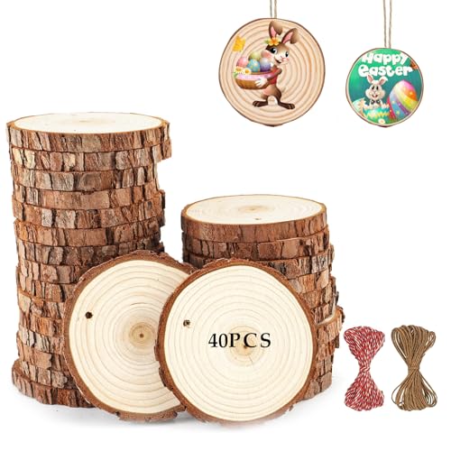 YQBFTC 40 PCS Natürliche Holz Log Scheiben 5-6cm mit Baumwollfaden,Baumscheiben Rund zum Basteln,Holzscheiben mit Loch,Kiefernholz Astscheiben für DIY Kunst/Hochzeit Mittelstücke/Weihnachtsschmuck von YQBFTC