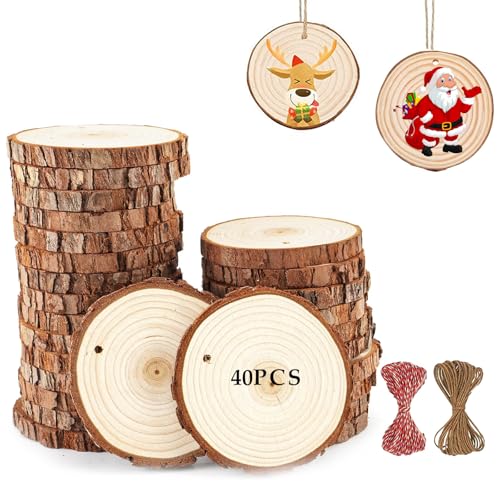 YQBFTC 40 Stück Holzscheiben,Holz Log Scheiben 5-6cm mit Baumwollfaden,Baumscheiben Rund zum Basteln,Holzscheiben mit Loch,Kiefernholz Astscheiben für DIY Kunst/Hochzeit Mittelstücke/Weihnachtsschmuck von YQBFTC