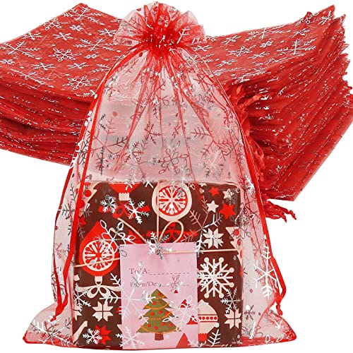 YQL 100 Stück Organzasäckchen Weihnachten, 20x30cm Rot Organza Säckchen Gross Schneeflocke Säckchen mit Kordelzug Geschenksäckchen für Weihnachtsseife, Schmuck, Süßigkeiten von YQL