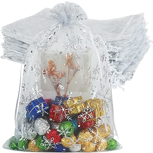 YQL 100 Stück Organzasäckchen Weihnachten, 20x30cm Weiß Organza Säckchen Gross Schneeflocke Säckchen mit Kordelzug Geschenksäckchen für Weihnachtsseife, Schmuck, Süßigkeiten von YQL