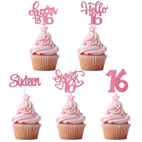 30 Stück Sweet 16 Cake Topper, Sweet 16 Cupcake-Topper, glitzernde Party-Dekorationen zum 16. Geburtstag, 16. Happy Birthday, Cupcake-Picks für 16. Geburtstag (Rosa) von YQQYG