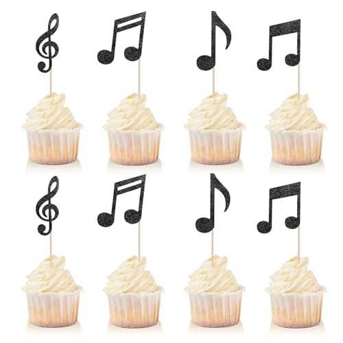 YQQYG 36 Stück Musiknoten Ausschnitte Tortendeko, Glitzer Musik Cupcake Topper, Schwarz Noten Kuchen Dekor für Rock, Musikpartys von YQQYG