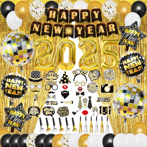 YQUQWN 84-teiliges Dekorationsset für das neue Jahr, 4D-Discokugel-Ballons, Happy New Year Banner 2025, Gold-Schwarz, Party-Dekorationen, Silvesterpartys, 2025, Silvester-Dekorationen, von YQUQWN