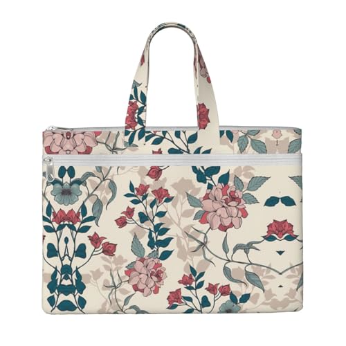 Laptop-Tragetasche, Leinen-Arbeitstasche für Damen, Lehrer, Arbeit, Reißverschluss, Kuriertasche, Rosa mit Blumen und Blättern von YQxwJL