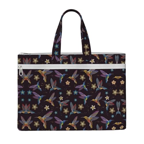 Laptop-Tragetasche mit Blumen-Kolibri-Stickerei, Canvas-Arbeitstasche für Damen, Lehrer, Arbeit, Reißverschluss, Aktentasche, Kuriertasche von YQxwJL