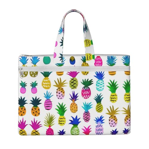 Laptop-Tragetasche mit Regenbogen-Ananas-Druck, Leinen-Arbeitstasche für Damen, Lehrer, Arbeit, Reißverschluss, Aktentasche, Kuriertasche von YQxwJL