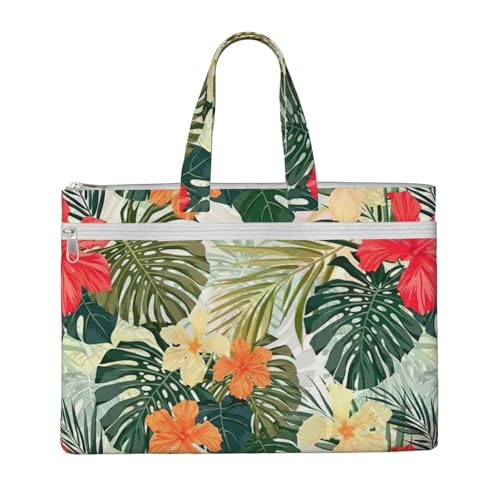 Laptop-Tragetasche mit Vegetationsblättern und Hibiskusblumen-Druck, Leinen-Arbeitstasche für Damen, Lehrer, Arbeit, Reißverschluss, Aktentasche, Kuriertasche von YQxwJL