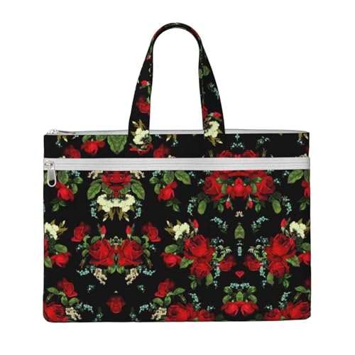 Laptop-Tragetasche mit schönem Rosen-Motiv, Leinen-Arbeitstasche für Damen, Lehrer, Arbeit, Reißverschluss, Aktentasche, Kuriertasche von YQxwJL