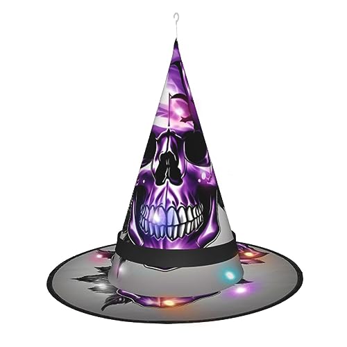 YQxwJL Halloween-Hexenhut mit violetter Rose und Totenkopf, mit LED-Lichtkappe, zum Aufhängen, Zaubererhut, für Party-Maskerade von YQxwJL