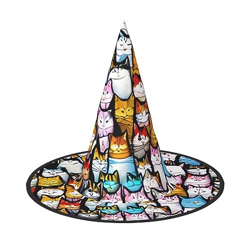 YQxwJL Zaubererhüte mit vielen Cartoon-Katzen-Aufdruck, zum Aufhängen, schwimmende Partyhüte, Halloween-Hexenhüte, für Hof, Veranda, Dekoration von YQxwJL