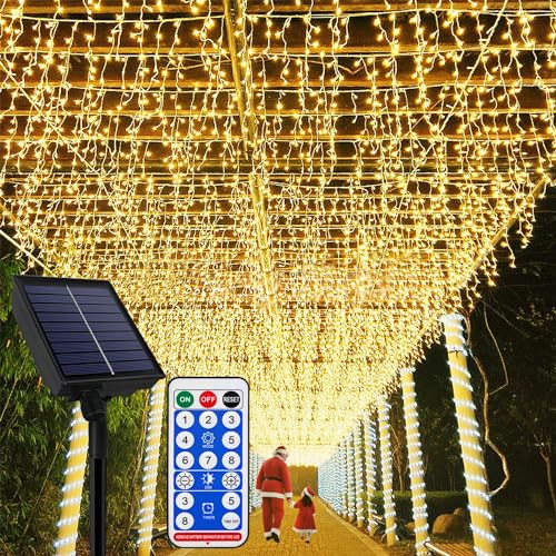 YRHome Solar Eisregen Lichterkette Außen 5m 200LEDs Weihnachtsbeleuchtung Regenkette Solar LED Lichterketten Warmweiß 8 modi Speicherfunktion mit Fernbedienung Timer für Weihnachten Halloween Hochzeit von YRHome