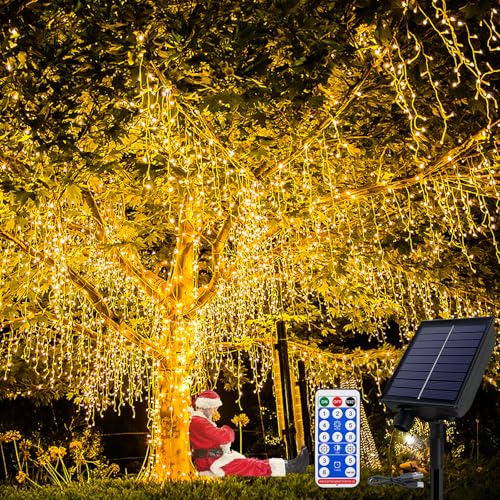 YRHome Solar Lichterkette Warmweiß Lichterkette Außen Weihnachtsdeko Outdoor Weihnachten Lichterkette Regenkette 5m 200LEDs 8 Modi Speicherfunktion Mit Fernbedienung Timer von YRHome