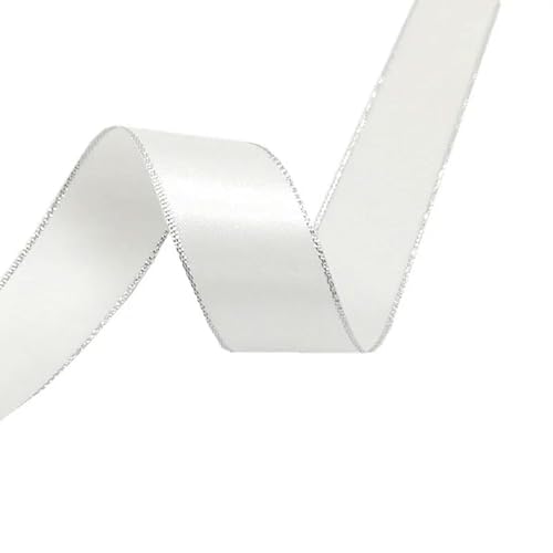 5 Yards 6 mm – 38 mm Satinband, Polyesterband mit silbernem Metallic-Rand für Blumenverpackung, Hochzeitsdekoration, DIY-Weiß-22 mm von YRJKU