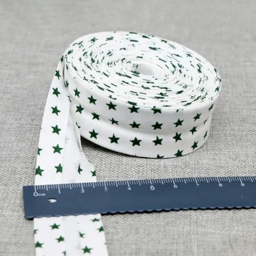 Schrägband aus Baumwolle mit Aufdruck, Größe 25 mm, 2,5 cm, 1 Zoll, Sterne, Blumen, gefaltetes Schrägband, Haustuchherstellung, DIY, handgemachtes Band – 4 weiße grüne Sterne – 25 mm, 10 Meter von YRJKU