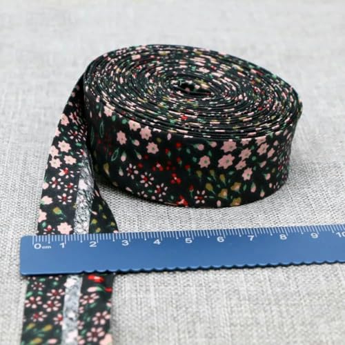 Schrägband aus Baumwolle mit Aufdruck, Größe 25 mm, 2,5 cm, 1 Zoll, Sterne, Blumen, gefaltetes Schrägband, Haustuchherstellung, handgefertigtes DIY-Band – schwarze Blumen – 25 mm, 10 Meter von YRJKU