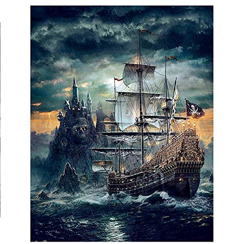 YSCOLOR Diamant Painting Diamant Stickerei Kristall Volle Runde Dekorative Kreuzstich Schädel Schiff Fluch der Karibik DIY Diamant Malerei 30X40cm von YSCOLOR