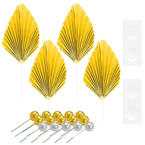 4er-Pack Palm Scallop Cake Toppers mit 15 Ballon Cake Toppers, Palm Spear Leaf Cupcake Toppers, DIY für Geburtstag, Hochzeit, Party Dekorationen (Gold) von YSDYY