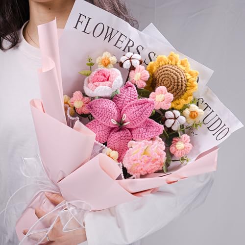 YSHomy Eingewickelter gehäkelter Blumenstrauß mit 14 Häkelblumen, gehäkelter Tulpenstrauß für Weihnachtsblumen, Thanksgiving-Geschenke, (rosa verpackt) von YSHomy