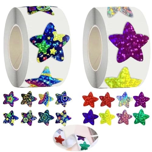 YSJCHEBS 1000 Blatt Selbstklebende, Glänzende Belohnungsaufkleber, 2,5 cm Wasserfeste Holografische Aufkleber, Sternaufkleber, Motivationsaufkleber Für Kinder, Bastelaufkleber von YSJCHEBS